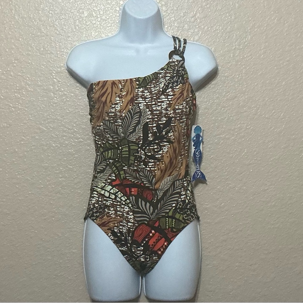 SKINNYDIPPERS MiracleSuit One Shoulder Brown Tropical Print swimsuit